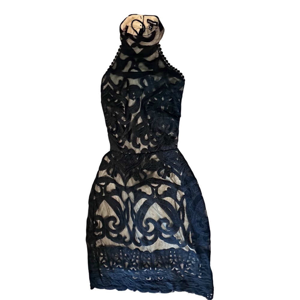 Fashion Nova Black Lace Halter Mini Dress Open Back Nude Lining XS BCD35994 - Picture 3 of 7
